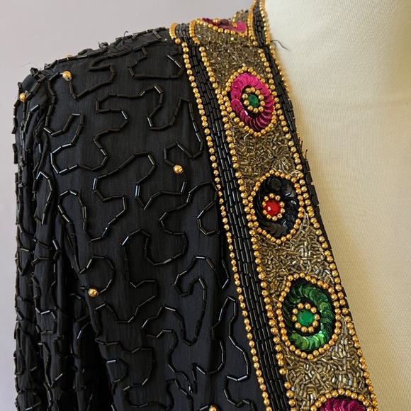 TAN CHHO EVENING JACKET XL BEADED OPEN FRONT ELEGANT VINTAGE SILK COCKTAIL - Picture 7 of 13